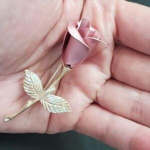 Avon silver tone and pink rose brooch